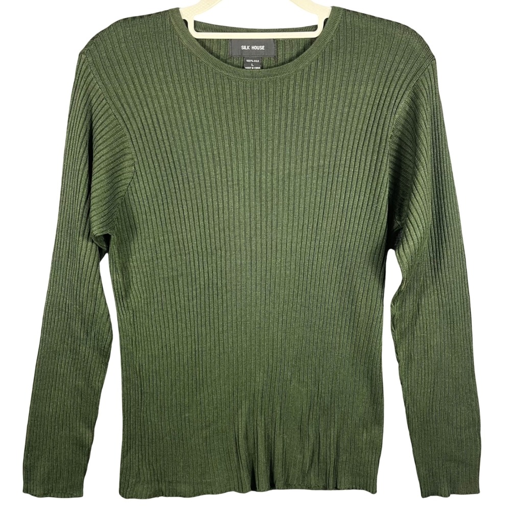 Silk House Sweater Women Large Green 100% Silk Ribbed Knit Long Sleeve Crew Neck